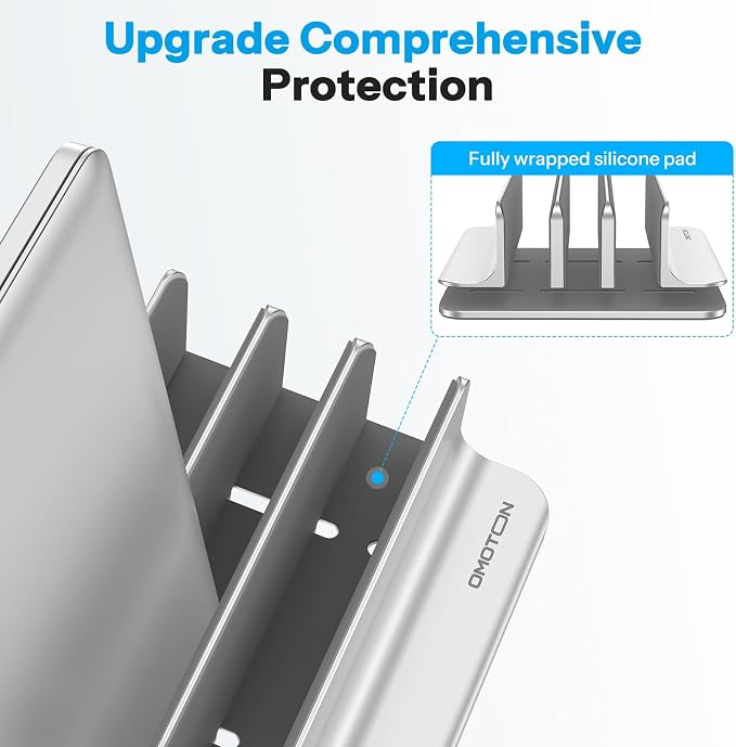 OMOTON 3-Slot Multiple Vertical Laptop Stand, Fits MacBook, Bright Silver | Adjustable Width 0-1.38", Aluminum Office Space-Saving for Desk, Fits MacBook/Book/iPad Up to 17.3in