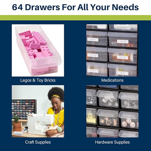Akro-Mils 64-Drawer Plastic Drawer Storage Cabinet for Garage Organization, Bead Organizer, Building Bricks Storage, Teacher Toolbox, Makeup Organizer, 20-Inch W x 6-Inch D x 16-Inch H, 10164 Yellow