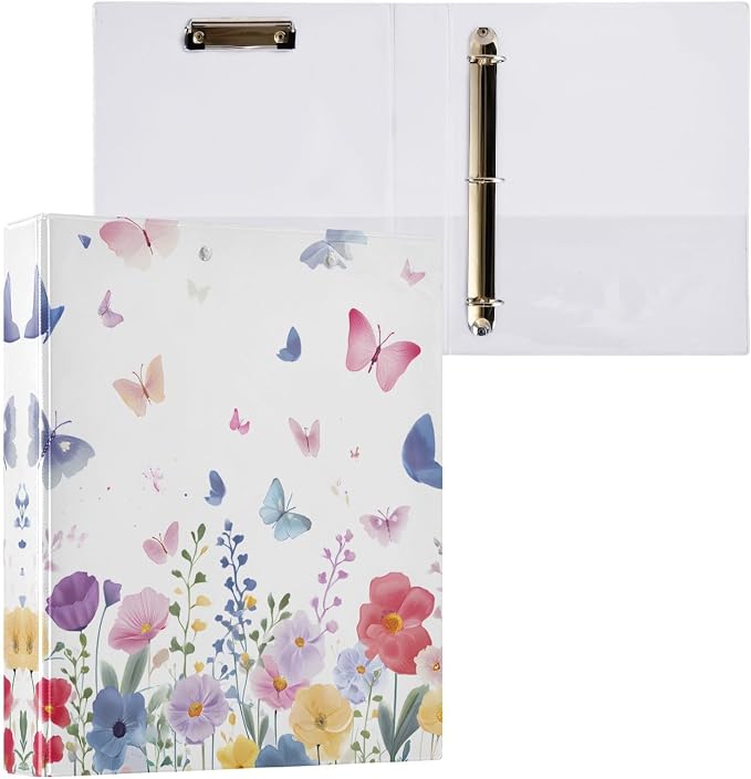 3 Ring Binder Butterfly Blossom Spring Flowers 1.5" Round Ring Binders View Binder with 200 Sheet for Kids School Supplies Women Men Office, 1 Pack