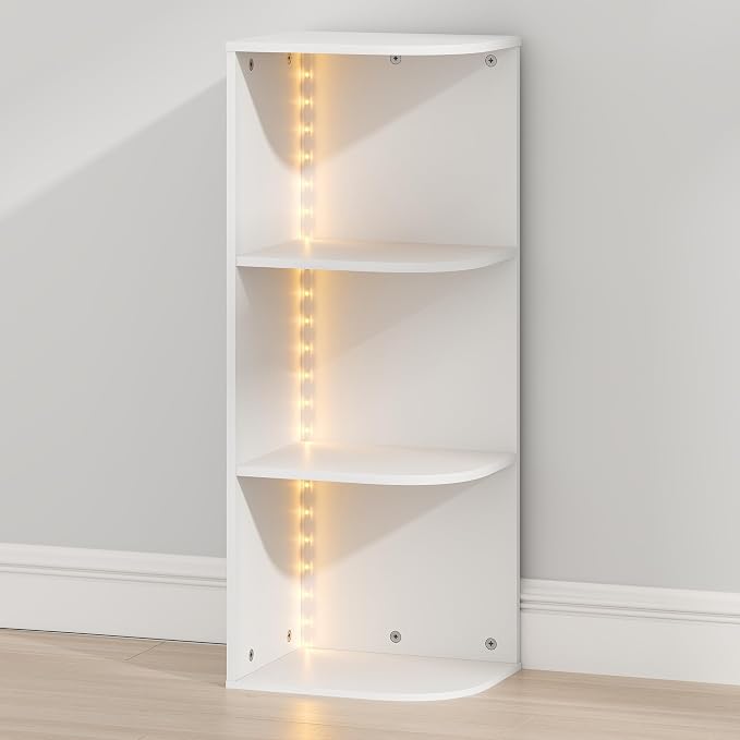 Furinno PASIR Book Shelf with LED Lights, 3-Tier Corner Bookshelf, Open Shelves Bookcase 9.3 x 12 x 31.5, for Home Office, Living Room, Study Room, White