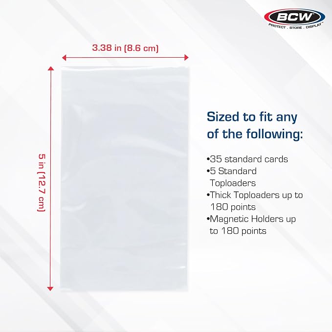 BCW Resealable Team Set Bags, Holds 35 Cards or 5 Toploaders, 200 Count | Holds up to 35 loose cards, 5 standard 35 pt toploaders, or magnetics up to 108 pt with an adhesive flap closure.