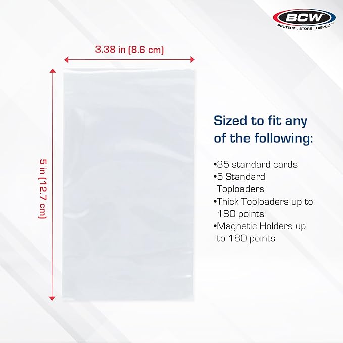 BCW Resealable Team Set Bags, Holds 35 Cards or 5 Toploaders, 400 Count | Holds up to 35 loose cards, 5 standard 35 pt toploaders, or magnetics up to 108 pt with an adhesive flap closure.