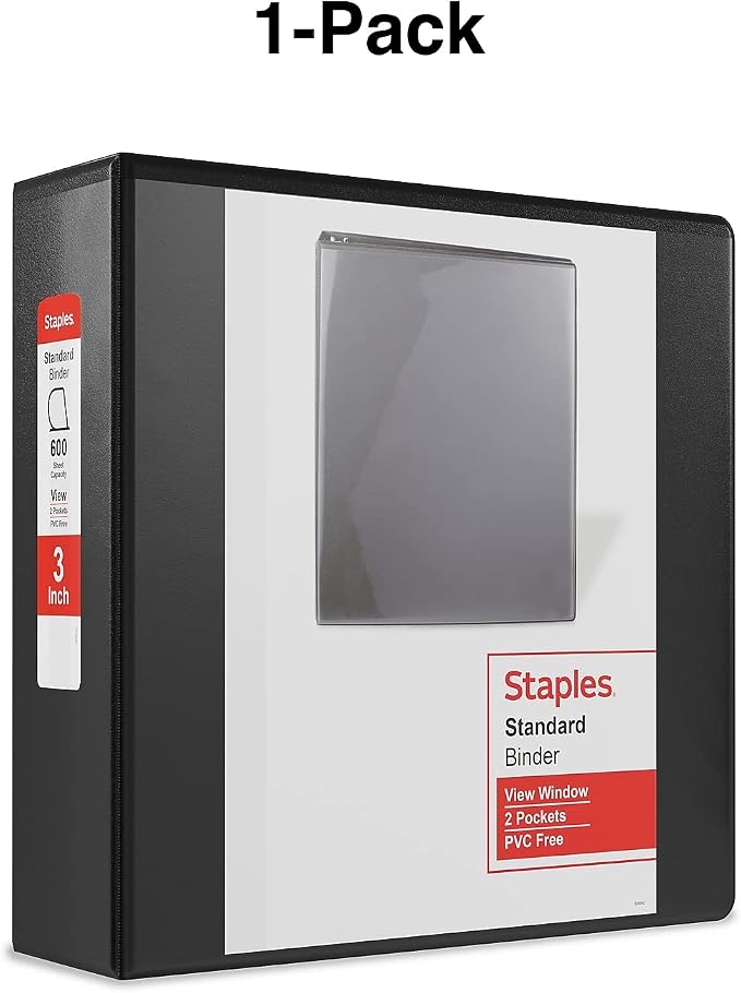 Staples Standard 3-Inch D-Ring View Binder, Holds Up to 600 Sheets, Black, Large Capacity Binder for Office & School