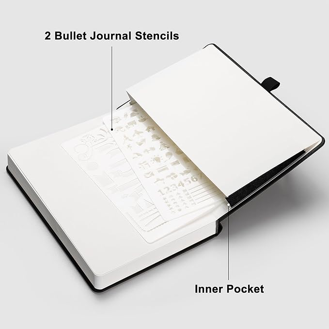 RETTACY Bullet Dotted Journal Notebook, 320 Numbered Pages, A5 Medium Size (5.7'' × 8.3''), Leather Hardcover, 100 GSM Thick Paper, for Bullet Journaling, Planning, Tracking (Black)