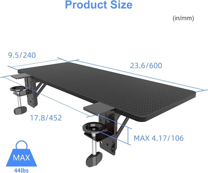 Suptek Clamp-on 9.5 x 23.6 inch Desk Extender, Wrist Support, Foldable Keyboard Tray Platform, Suitable for Office Desks, Carbon Fiber, DSF3L