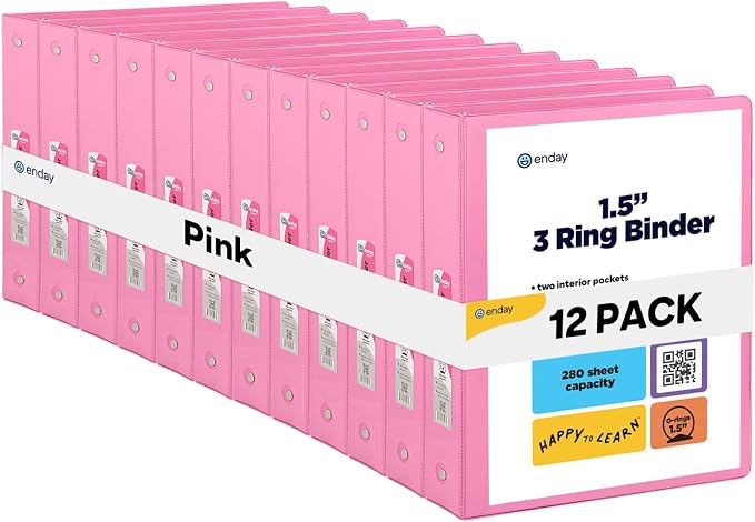 Enday 1.5 Inch Binder (12 Pack - Pink) 3 Ring Binder 1.5 inch with Clear View Cover and 2 Inside Pocket - for Letter Size 8.5 x 11'' Paper, Ideal for School Supplies, Office, and Home