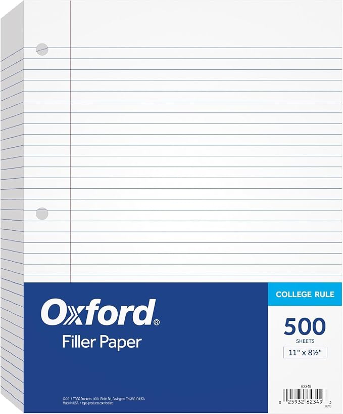 Oxford Loose Leaf Paper,500 Sheets,College Rule Filler Notebook Paper,8-1/2" x 11",3-Hole Punched Fits 3-Ring Binders (62349),(Pack of 10)