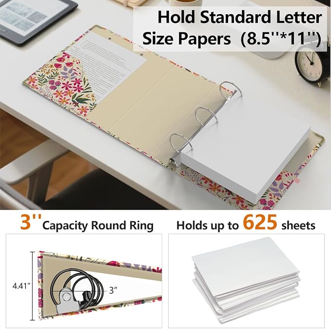 3 Ring Binder 3 Inch, Cute Decorative Hardcover Low Profile Clipboard with Storage, 3'' Round Ring Binders for Letter Size Paper, Durable Binder Organizer for School Office Supplies(Pink Floral)