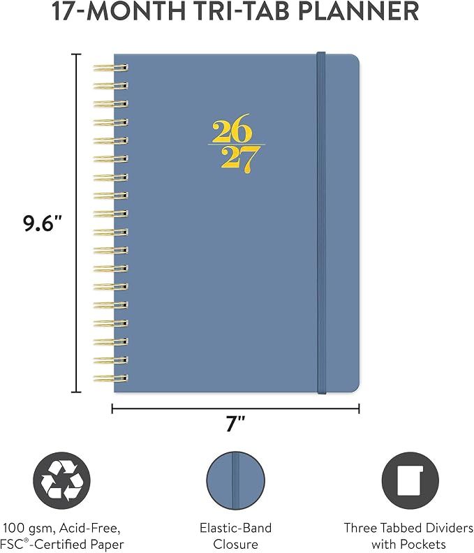 Orange Circle Studio 2027 Planner, Blue Gray Tri-Tab Weekly & Monthly Planner, 9.6" x 7", Spiral Bound Organizer with Note Pages, Pocket Dividers & Elastic Closure Design for Home Office Planning Uses