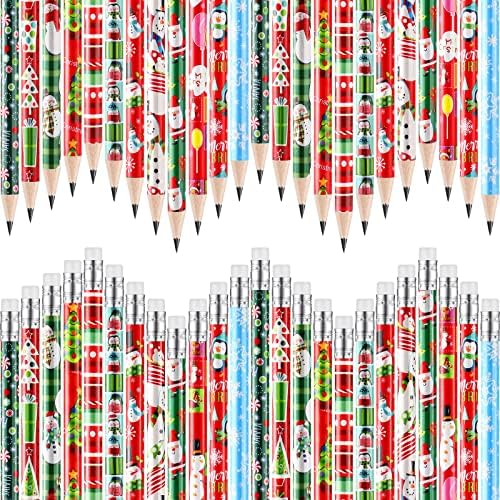 Yexiya 96 Pcs Christmas Pencils Wood with Erasers 12 Designs Bulk