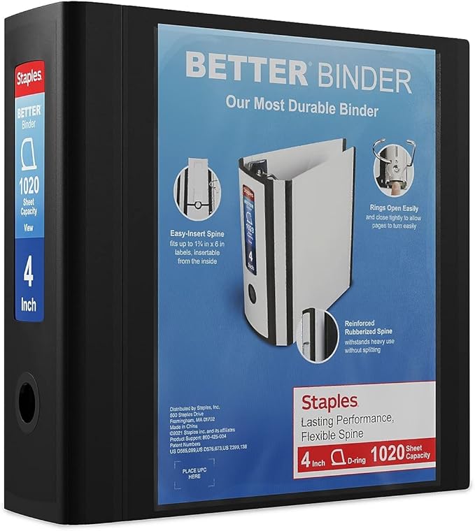Staples Better 4-Inch D-Ring View Binder, Black, Reinforced Spine | High-capacity durable binder for everyday school and office storage.