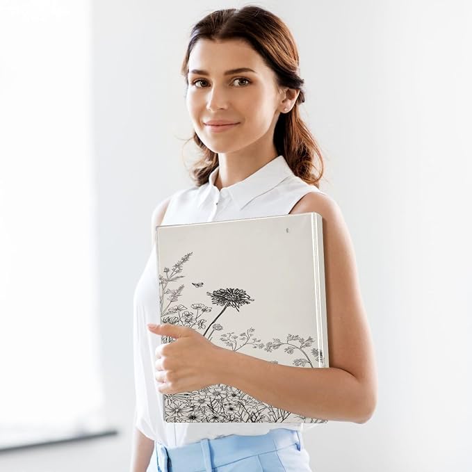 KEEPREAL 3 Ring Binder with Black and White Flowers Design - 1.5 Inch Heavy Duty Three-Ring Binder with 2 Pockets, Round Rings for Office Supplies (Letter Size)