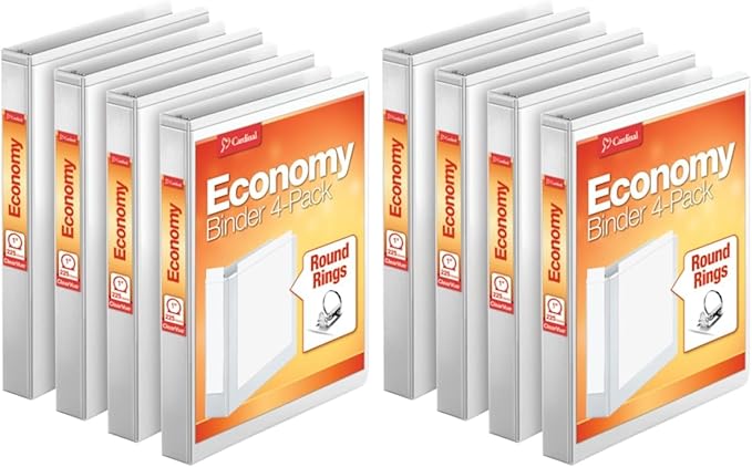 Cardinal Economy 3 Ring Binder, 1 Inch, Presentation View, White, Holds 225 Sheets, Nonstick, PVC Free, 4 Binders (79510),(Pack of 2)