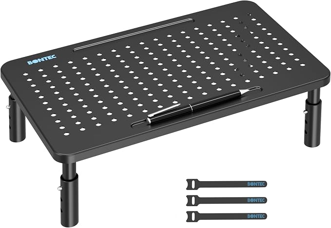 BONTEC Monitor Stand for Desk 1 Pack, 3-Level Height Adjustable | 14.5 x 9.1 in Ergonomic Metal Computer Stand with Pen Holder & Cable Management for Printer, Laptop and Office Workstation