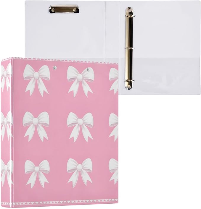White Bows Pink 3 Ring Binder with 2 Interior Pockets 1.5 inch Binders 3 Ring Heavy Duty Fit 8.5" x 11" Letter for Office School, 2 Pack