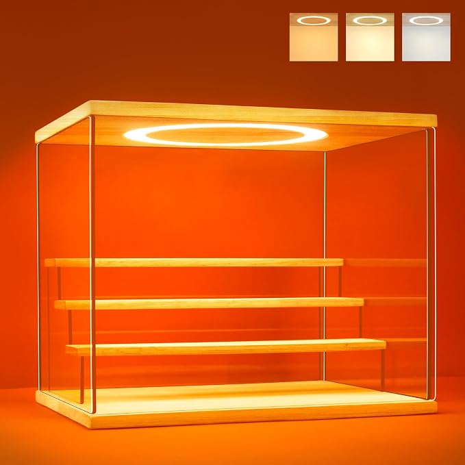 Acrylic Display Case with Adjustable LED Light, 4 Tier Clear Display Box Dustproof Showcase for Action Figures, Collectibles and Mini Toys, Assembly Display Cabinet(Wood 12.5×9.5×10.4in)