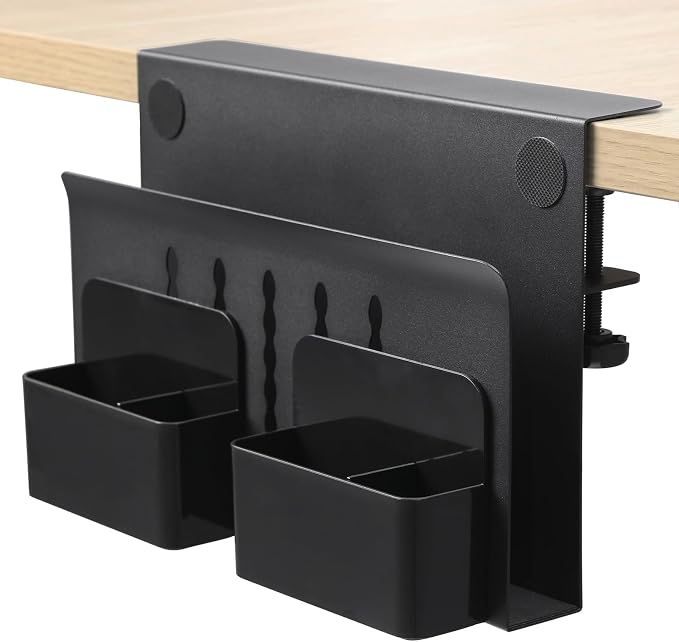 MAXECHO Desk Side Storage, Under Desk Laptop Mount, Table Side Hanging File Organizer, No Drill Clamp On Cable Management Tray, Laptop Holder with Magnetic Pen Holder for Office and Home, Load 22 Lbs