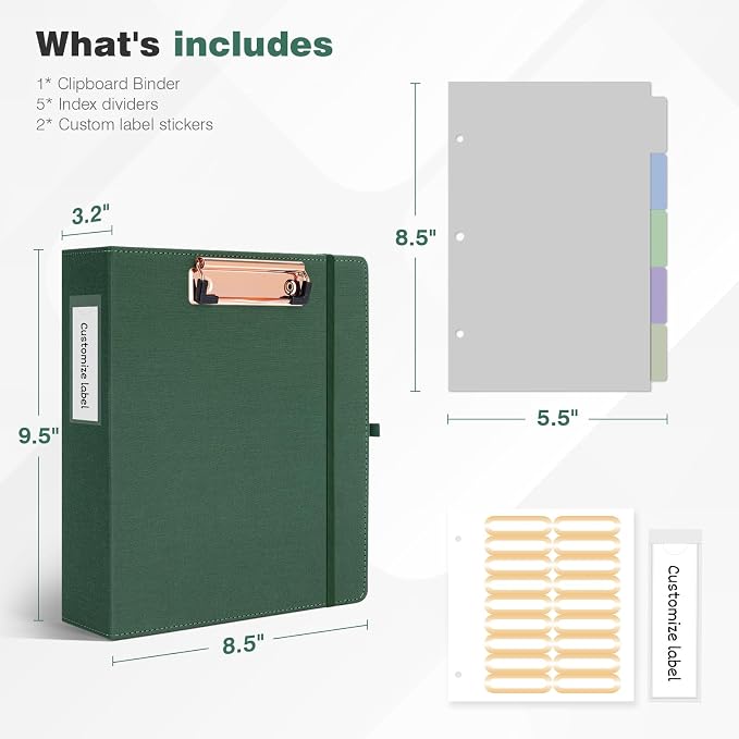 Ospelelf Mini 3 Ring Green Binder 2 inch, 5.5 x 8.5 Small Clipboard Binders Dividers with Tabs, Linen Binder Organizer for Office, School