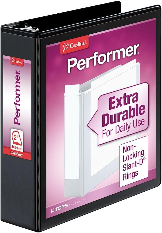 Cardinal Performer 3-Ring Binder, 2", Non-Locking Slant-D Rings, 540-Sheet Capacity, ClearVue Presentation Binder, Nonstick, PVC-Free, Black (17501CB)