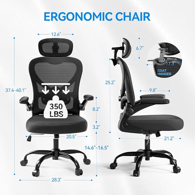 Ergonomic Office Chair, Mesh Home Office Desk Chairs with 3D Headrest | Freepub Computer Gaming Chair whit Adjustable High Back Lumbar Support, Executive Swivel chairs, 350LBS Capacity, Black