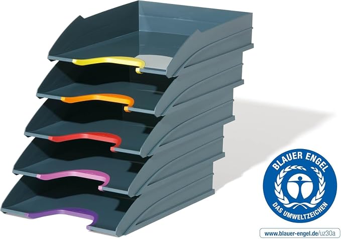 Durable VARICOLOR Gray Letter Tray - Set of 5 Stackable Color Coded Letter Trays - Letter Size Files - Perfect for Storing Documents and Paper Work