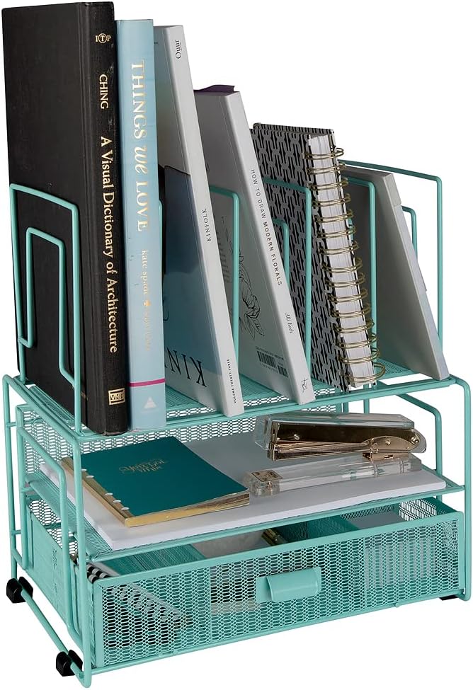 BLU MONACO Mint Green Desk Organizer With File Sorters and Drawer | Metal Mesh Desktop Storage for Office Supplies, Papers, Devices and Folders | 9.3”D x 12.5”W x 14”H All-In-One Workspace Holder