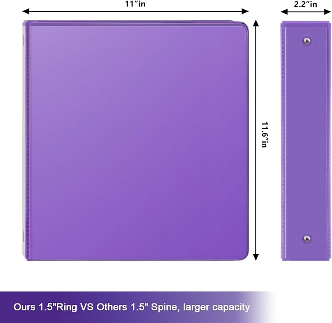 COMIX Sturdy 1.5 Inch 3 Ring Binder with Clear View Cover | 1.5"Heavy Duty Round Ring,PVC-Free Board,Holds 300 Letter Sheets,Wholesale for Offices & Classrooms,6 Pack (Purple)