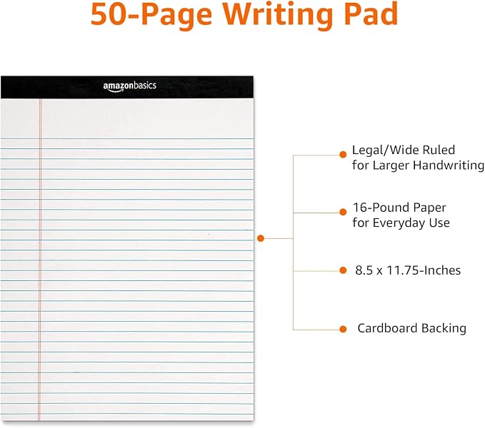 Amazon Basics Legal/Wide Ruled 8-1/2 by 11-3/4 Legal Pad, White, 600 Count (12 Pack of 50 Sheets)