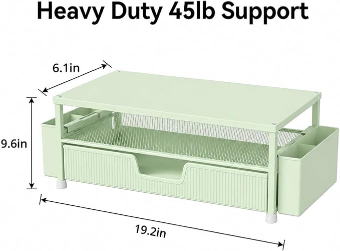 ECOLOVI Desk Organizer and Accessories, 2-Tier Computer Monitor Stand Rise with Storage Drawer & 2 Pen Holders, Laptop & Printer Stand for Desktop, Workspace Organizers for Office Supplies (Green)
