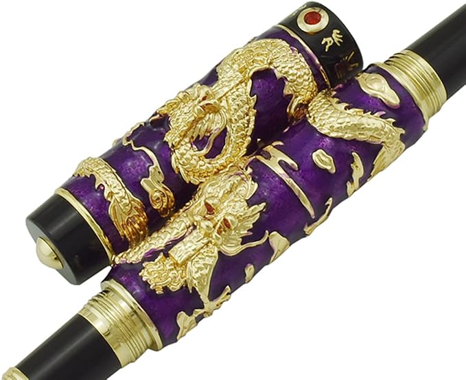 Jinhao Double Dragon Rollerball Pen Purple Cloisonne Enamel Handcraft for Signature and Collection