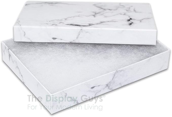 TheDisplayGuys 100 Cardboard Jewelry Gift Boxes with Inserts - Marble White | Size #53 - 5.4" x 3.9" x 1.0", Lids, Cotton Filled Padding, Kraft Paper, Bulk Pack Case, for Shipping, Organizers, Storage