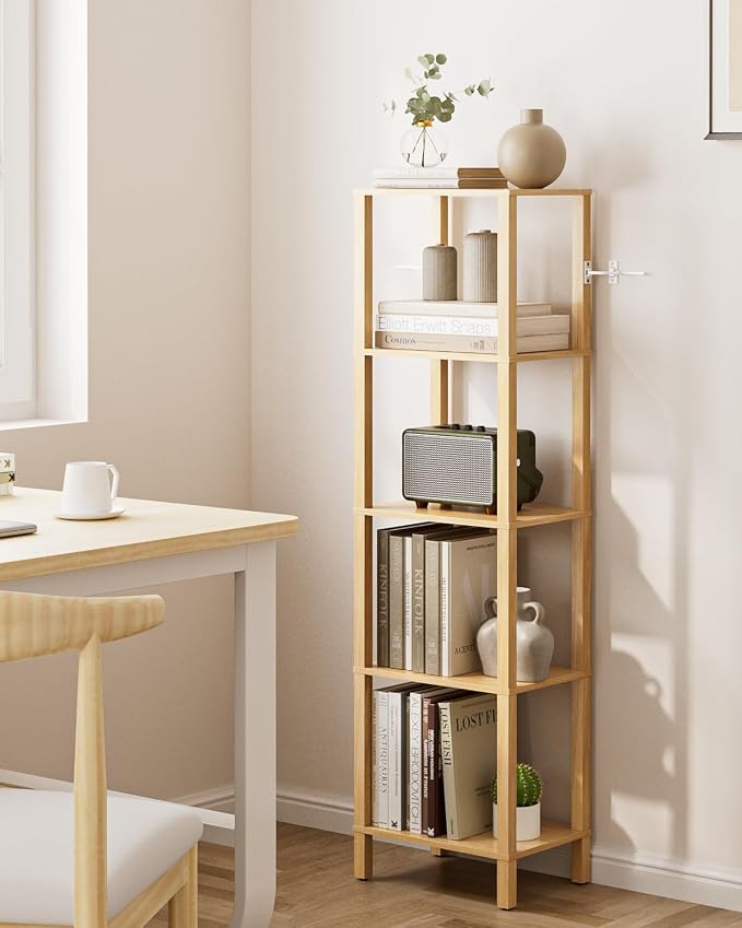 Open Book Shelf, 5 Tier Tall Bookshelf, Freestanding Shelf Narrow Bookcase with Open Shelves, 14.96" x 10.63" x 53.54", Book Shelves for Living Room, Office, Study, Oak