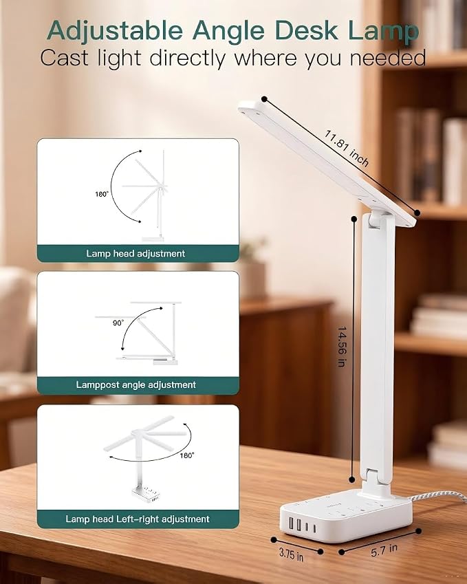 Addtam LED Desk Lamp, Power Strip with 3 Outlets 4 USB Charging Ports(2 USBC), 4 Modes 5 Level Brightness Touch Lamp, Small Desk Lamp for Home Office College Dorm Room Essentials, White
