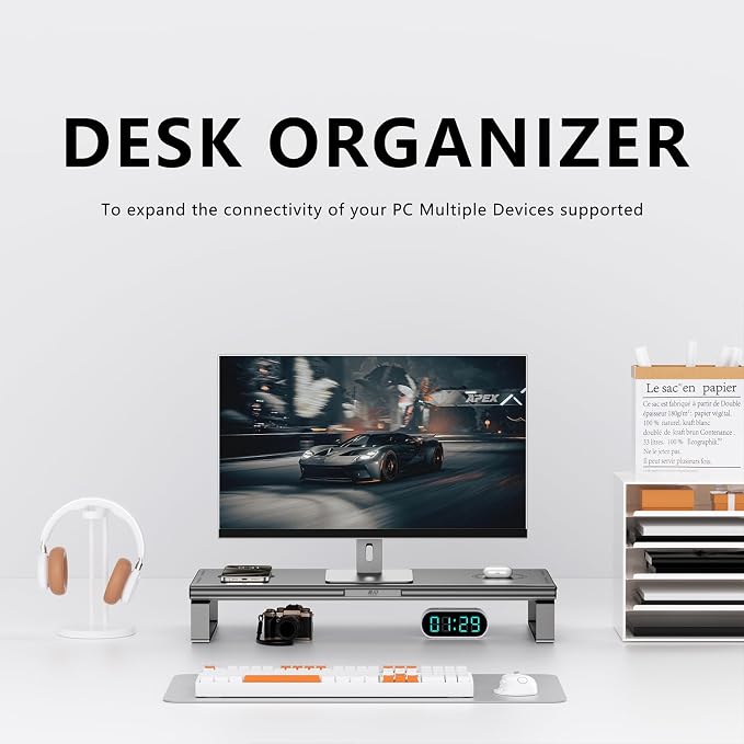 JINRAIKO Monitor Stand with Docking Station, Aluminum Monitor Riser with 6-in-1 Docking Station: 4K HDMI, USB-C, USB 3.0, PD 100W, Wireless Charging,Metal Desk Stand with Storage-Silver Gray