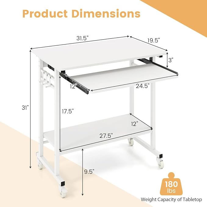 GIANTEX Rolling Computer Desk, Mobile Portable Desk with Keyboard Tray & Wheels, Laptop PC Table Cart with Shelf & Hooks, Industrial Small Desk for Small Spaces, Home Office, Bedroom, White