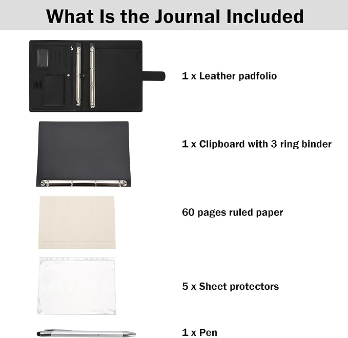 Wonderpool A4 PU Leather 3 & 4 Ring Holder Writing Portfolio Multi Document Case with Removable Binder Clipboard and Functional Pocket for Organizer Office Travel School (Black)