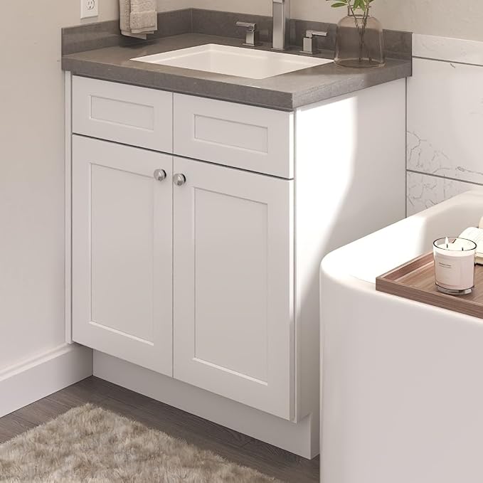 Furinno Shaker Bath Vanity Cabinet Without Top, 2-Door, White | 21 D x 30 W x 34.5 H, Adjustable Hinges, Soft-Close Shaker-Style Door, Ready to Assemble, Plywood, for Bathroom, Washroom