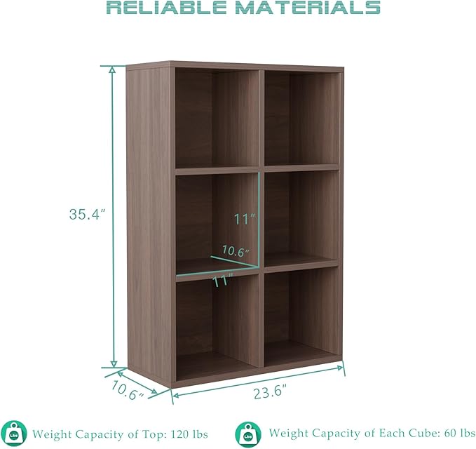 6-Cube Storage Shelf Bookcase, Walnut | Wooden 3-Tier Open Bookshelf, Fits 11×11" Bins, Vertical or Horizontal Use, Full Back Panels, For Home Office