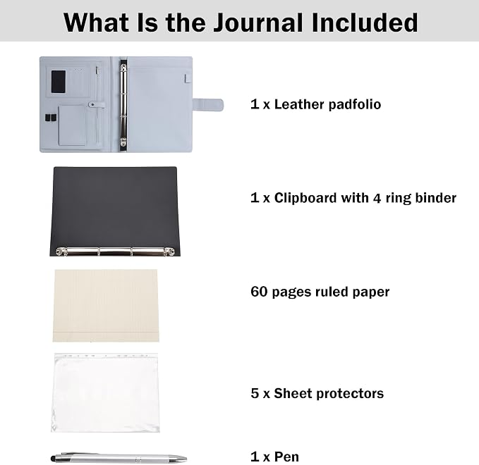 Wonderpool A4 PU Leather Ring Holder Writing Portfolio Multi Document Case with Removable Binder Clipboard and Functional Pocket for Organizer Office Travel School (Gainsboro)