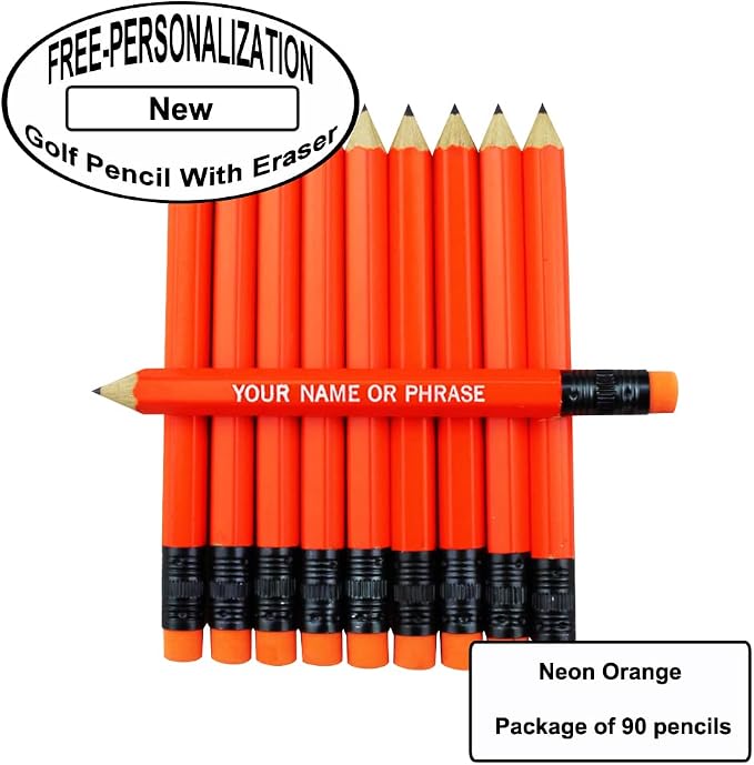 EZPENCILS & GIFTS - Golf Pencils Tipped with Eraser (1/2 a Pencil - Pew Pencils) - Neon Orange Colored Barrel - FREE-PERSONALIZATION - 2HB Black Lead - Custom Text - Non-Smear Eraser – Package of 90