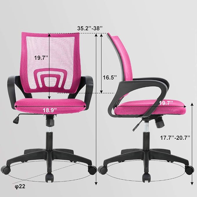 BestOffice | Ergonomic Office Chair | Mid-Back Swivel Desk Chair | Breathable Backrest & Lumbar Support | Adjustable Height | Sponge Seat | Rolling Wheels | Pink | for Adults & Women | Pack of 2