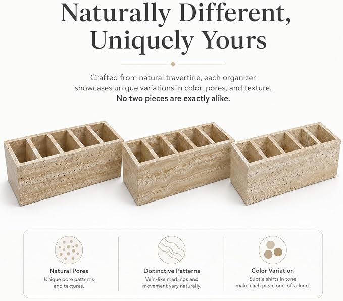 Travertine Desk Organizer, 5-Compartment Pen & Brush Holder | for Pens, Makeup Brushes, and Office Desk Decor, 9.84 x 3.94 x 3.94 in