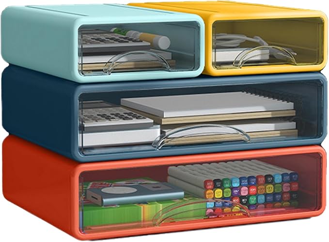 Desk Organizer with Drawers, Stackable Storage Drawers with Compartments Desktop Organization for Office Supplies, Makeup, Pencils, Tape, Erasers, Paperclips, Chargers (2S2M)