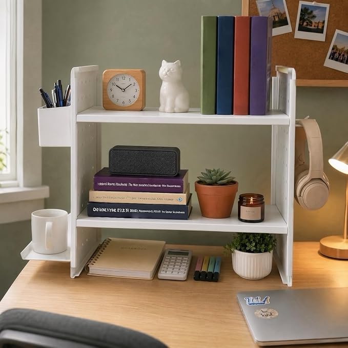 Desktop Shelf Organizer,White Desk Shelf for Dormitory Office | Shelf for Top of Desk with Pegboard Accessories,Bookshelf Supplies Storage Rack Freestanding Display for Dresser Home,2 Tier
