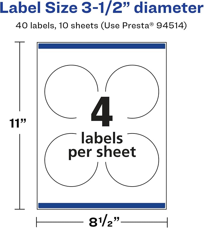 Avery Glossy White Round Labels, Sure Feed Technology, 3.5" Diameter, 40 Glossy White Labels, Print-to-The-Edge, Permanent Adhesive, Laser/Inkjet Printable