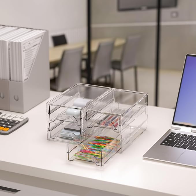Acrylic Stackable Drawer Storage Organizer: Slim Desk Mini Drawers | transparent Plastic deep desktop makeup clear compartment holder countertop