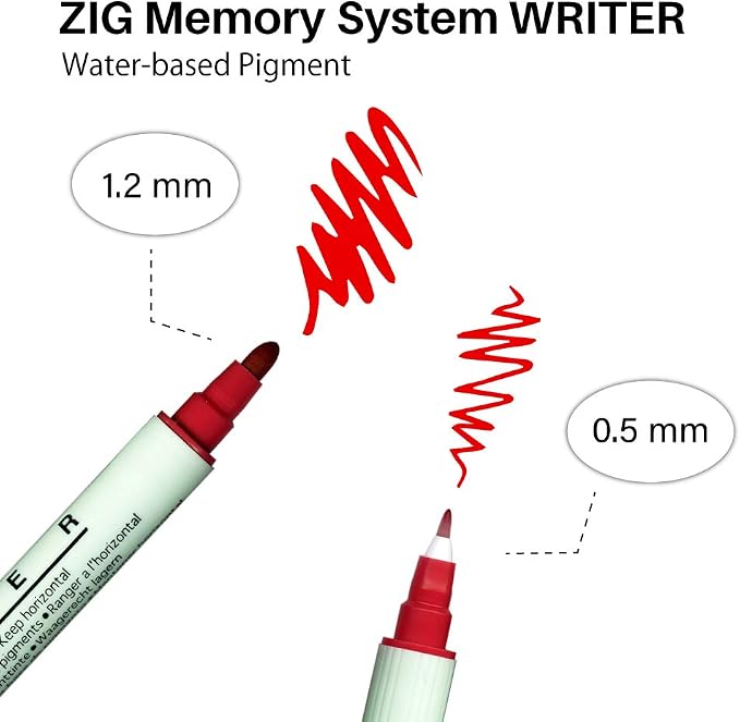 Zig WRITER 12 Colors Set, 0.5mm, 1.2mm, Dual Tip, Waterproof and Smudge proof when dry, Archival Quality, No mess, Photo-Safe, Acid Free, Lightfast, Odourless, Xylene Freeing, Made in Japan