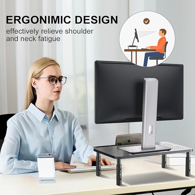 suptek Computer Monitor Stand Riser with Drawer,Monitor Riser for Laptop, Printer, Notebook and All Flat Screen TV Display with Vented Platform,3 Height Adjustable Laptop Riser,1 Pack,Black