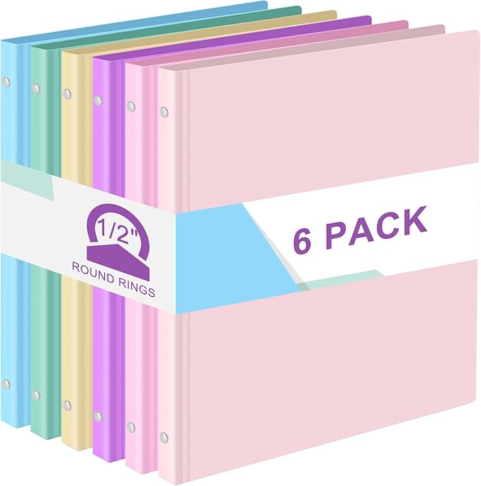 Fulmoon 6 Pack 0.5 Inch Plastic 3 Ring Binders with Pockets, Pastel Colors | Flexible Covers with Round Rings and Front Pockets for Organizing Papers at School, Office, Meetings and Presentations