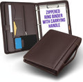 STYLIO Walnut Zipper Portfolio Binder w/Carrying Handle | Removable 3-Ring Binder (1") w/Clipboard Padfolio | Organizer for Documents, iPad, Tablet, Notebook | Business Leather Folder for Men Women